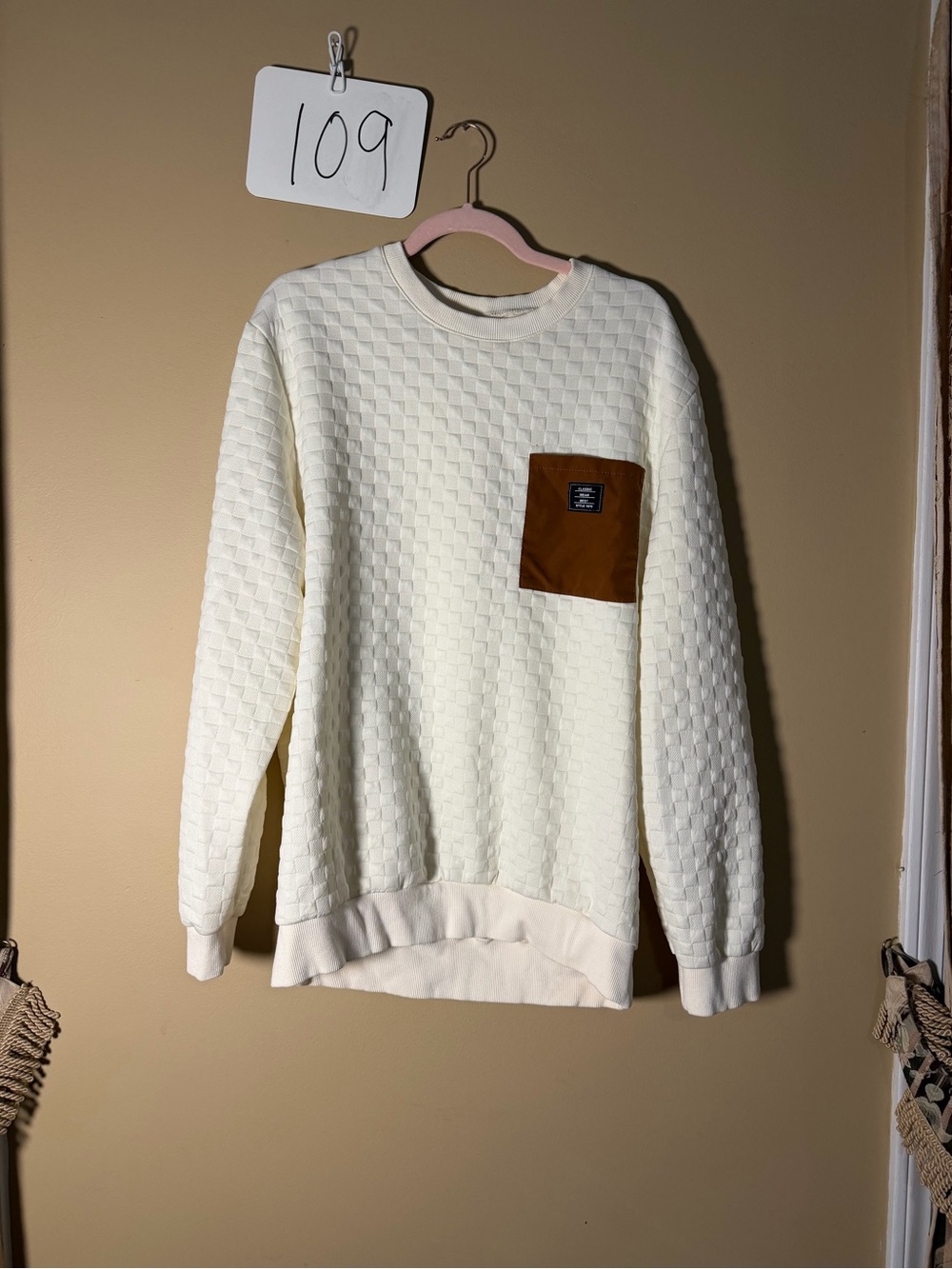 Men's Cream Quilted Crewneck Sweater with Brown Chest Pocket